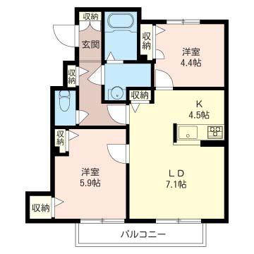 クローバーヒルD棟(2LDK/1階)の間取り写真