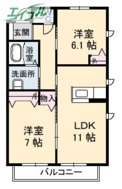 グランマスト福浜A棟(2LDK/2階)の間取り写真