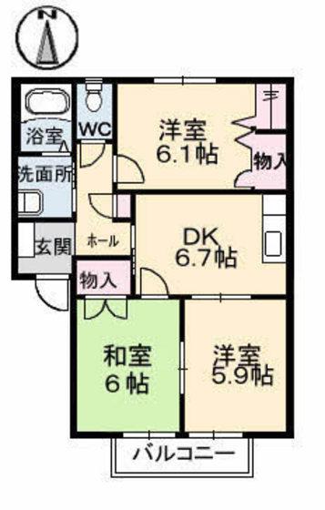 ミーニュ・カーザA棟(3DK/1階)の間取り写真