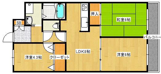 八尾山本レックスマンション(3LDK/2階)の間取り写真