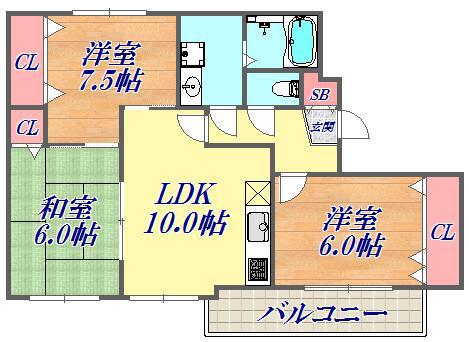 グランシャリオ山手田邉(3LDK/5階)の間取り写真