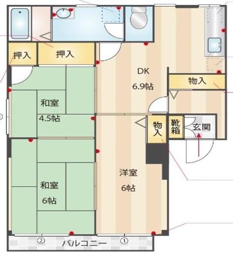 ホワイトヴィラ1号館(3DK/2階)の間取り写真