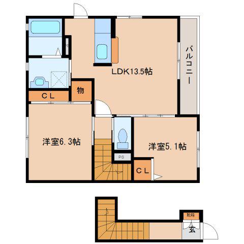アルティB棟(2LDK/2階)の間取り写真
