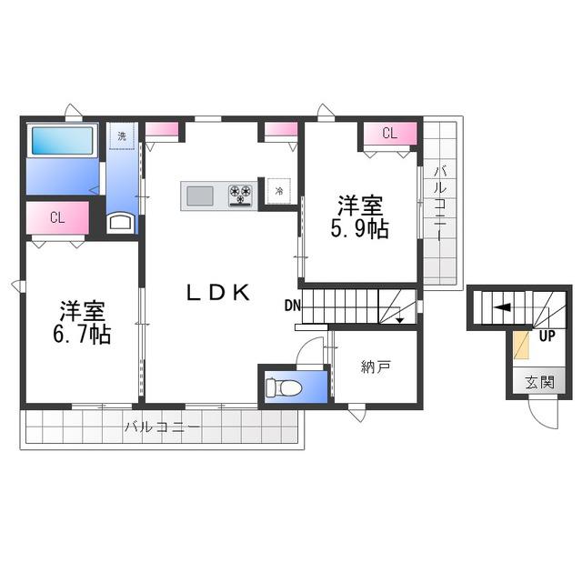 クインテット土生D(2LDK/2階)の間取り写真