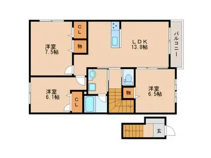 ヴァンヴェール生駒(3LDK/2階)の間取り写真