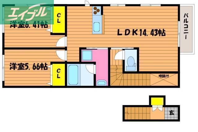 ドミール岡南(2LDK/2階)の間取り写真
