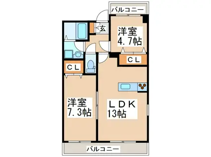 カーネリアン健軍(2LDK/3階)の間取り写真