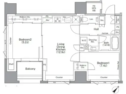 ザ・パークハビオソーホー横浜関内(2LDK/12階)の間取り写真