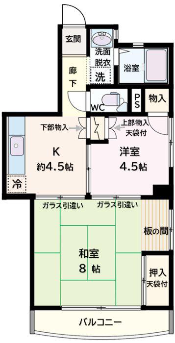  浦和グリーンマンション 家具・家電付(2K/4階)の間取り写真