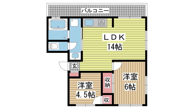 グリーンヒル山本通(2LDK/2階)の間取り写真