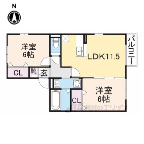 ヴィルヌーブA棟(2LDK/2階)の間取り写真