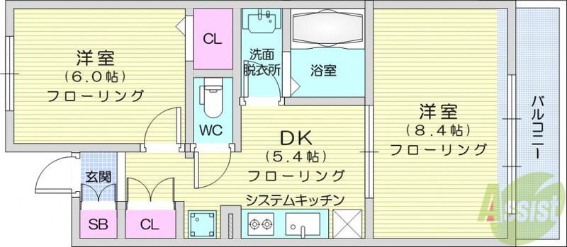 ヒューモスシエナ大和町(2DK/1階)の間取り写真