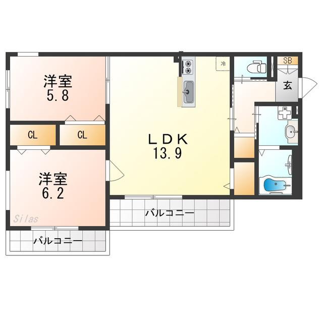堺市堺区夕雲町1丁目(2LDK/3階)の間取り写真