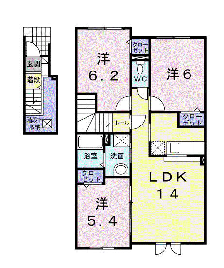 滝川市西町6丁目3LDKアパート(3LDK/2階)の間取り写真
