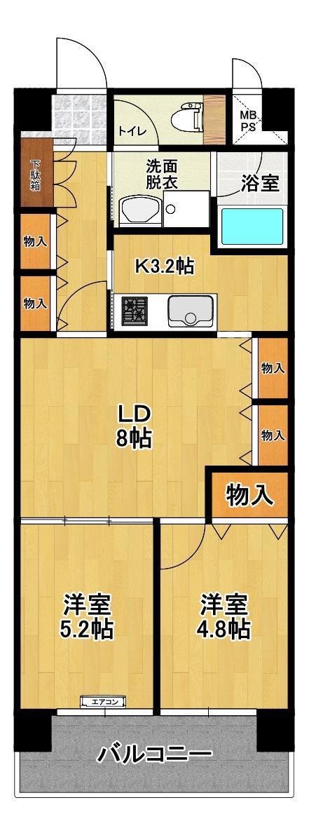朝日プラザ荒池公園(2LDK/2階)の間取り写真