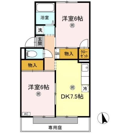 ラフィーネ C棟(2DK/1階)の間取り写真