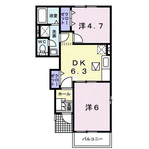 ベルビューコートB(2DK/1階)の間取り写真