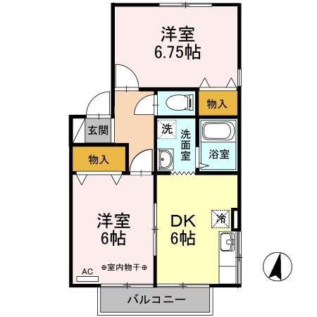 ハイカムールカキザキB棟(2DK/2階)の間取り写真