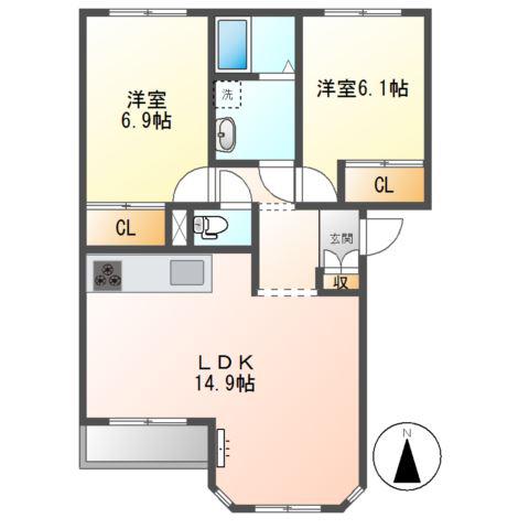 ヴィラ ルミナスB(2LDK/1階)の間取り写真