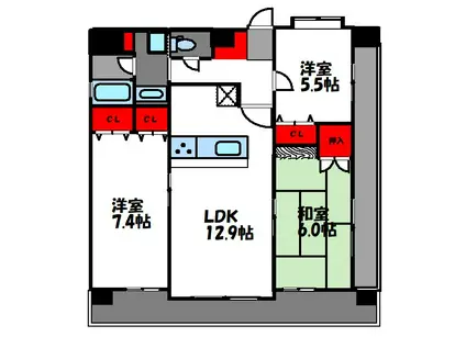 アンピール六本松(3LDK/11階)の間取り写真