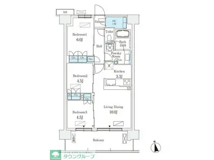 スカイグランデ津田沼(3LDK/9階)の間取り写真