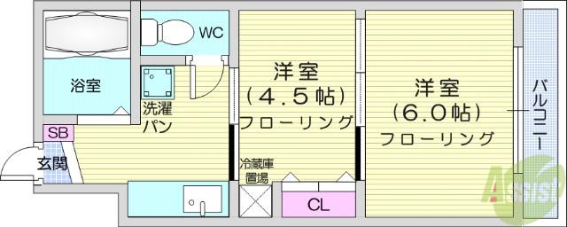 イーグルハイツ銀杏町(2K/4階)の間取り写真