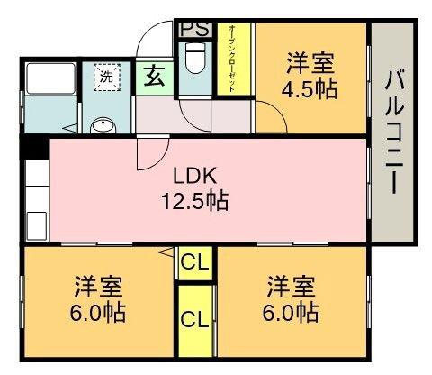 高倉台12団地 61号棟(3LDK/4階)の間取り写真
