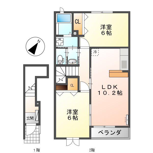 ヴァイオレット加茂野B(2LDK/2階)の間取り写真