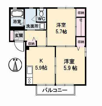 パークヒルB棟(2K/2階)の間取り写真