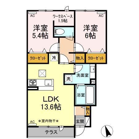 カーサ・フォレスタ万々(2LDK/1階)の間取り写真
