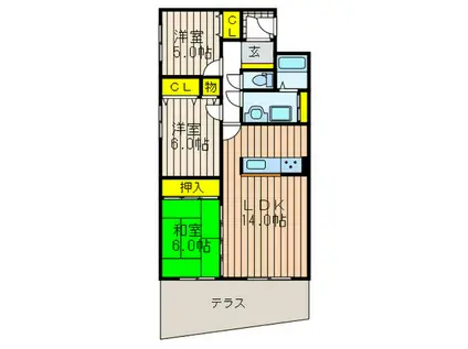 スクエア美濃山B(3LDK/1階)の間取り写真