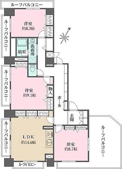 ダイヤハイツ自由が丘(3LDK/7階)の間取り写真