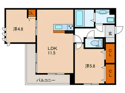 高倉山フラッツ(2LDK/1階)の間取り写真