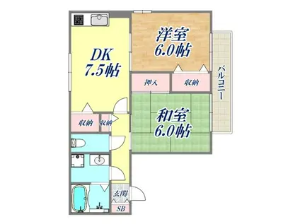 ハイカムール芦屋(2DK/1階)の間取り写真