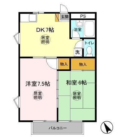 プリオールB(2DK/1階)の間取り写真