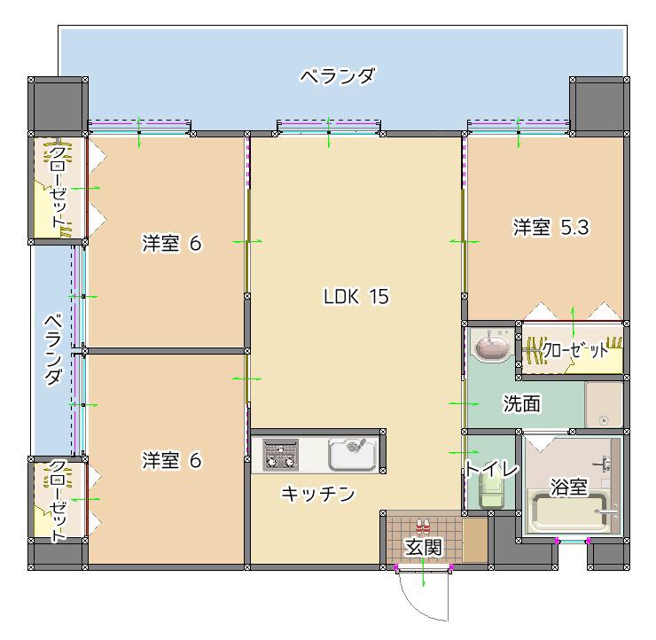 ハピネスコート(3LDK/2階)の間取り写真