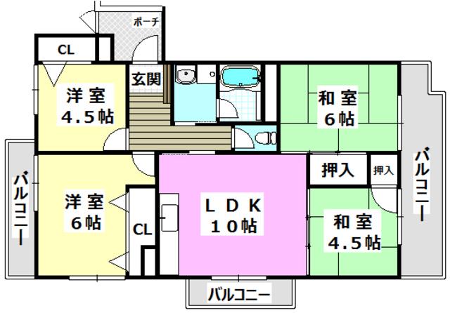 尾勝山ハイツ(4LDK/3階)の間取り写真