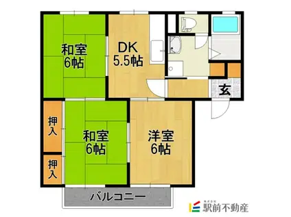 ヴィラパピヨンB(3DK/2階)の間取り写真