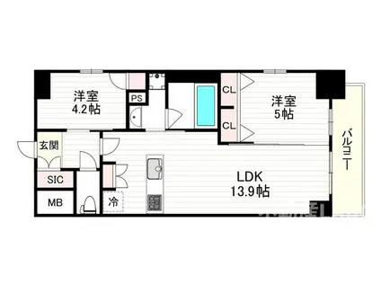 スプランディッド上本町ウエストII(1SLDK/5階)の間取り写真