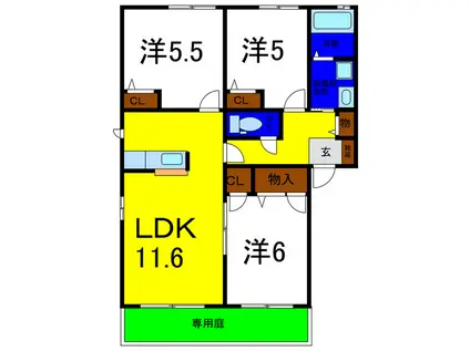 メゾンドソレイユII番館(3LDK/1階)の間取り写真