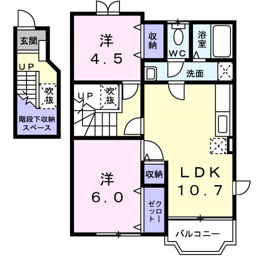 ミニョンヴィラ野寺道(2LDK/2階)の間取り写真