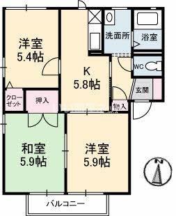 アンソレイエ21A(3K/2階)の間取り写真