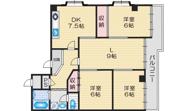 関大前マンション(3LDK/3階)の間取り写真