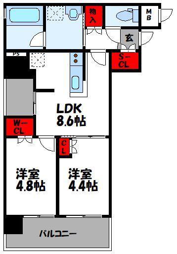 アクタス福岡県庁前グラシア(2LDK/8階)の間取り写真