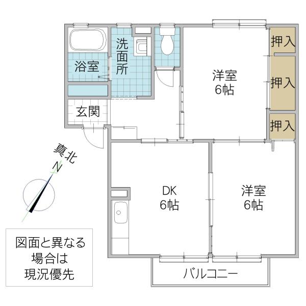 カーサ・デ・三の丸 A棟(2DK/1階)の間取り写真