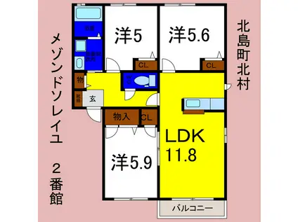 メゾンドソレイユII番館(3LDK/2階)の間取り写真