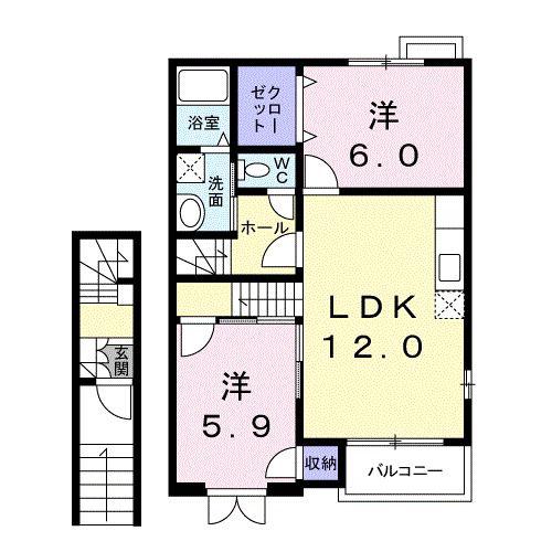 バンペ-ジュONE B(2LDK/2階)の間取り写真