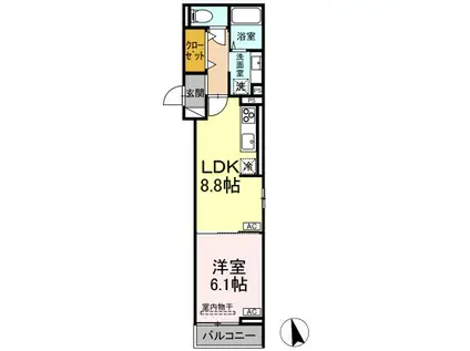 ディールーム プレミアム 多磨霊園駅(1LDK/3階)の間取り写真