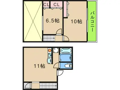 地下鉄四つ橋線 花園町駅 徒歩8分 4階建 築33年(2LDK/3階)の間取り写真