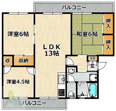 ひよどり台7団地33号棟(3LDK/3階)の間取り写真